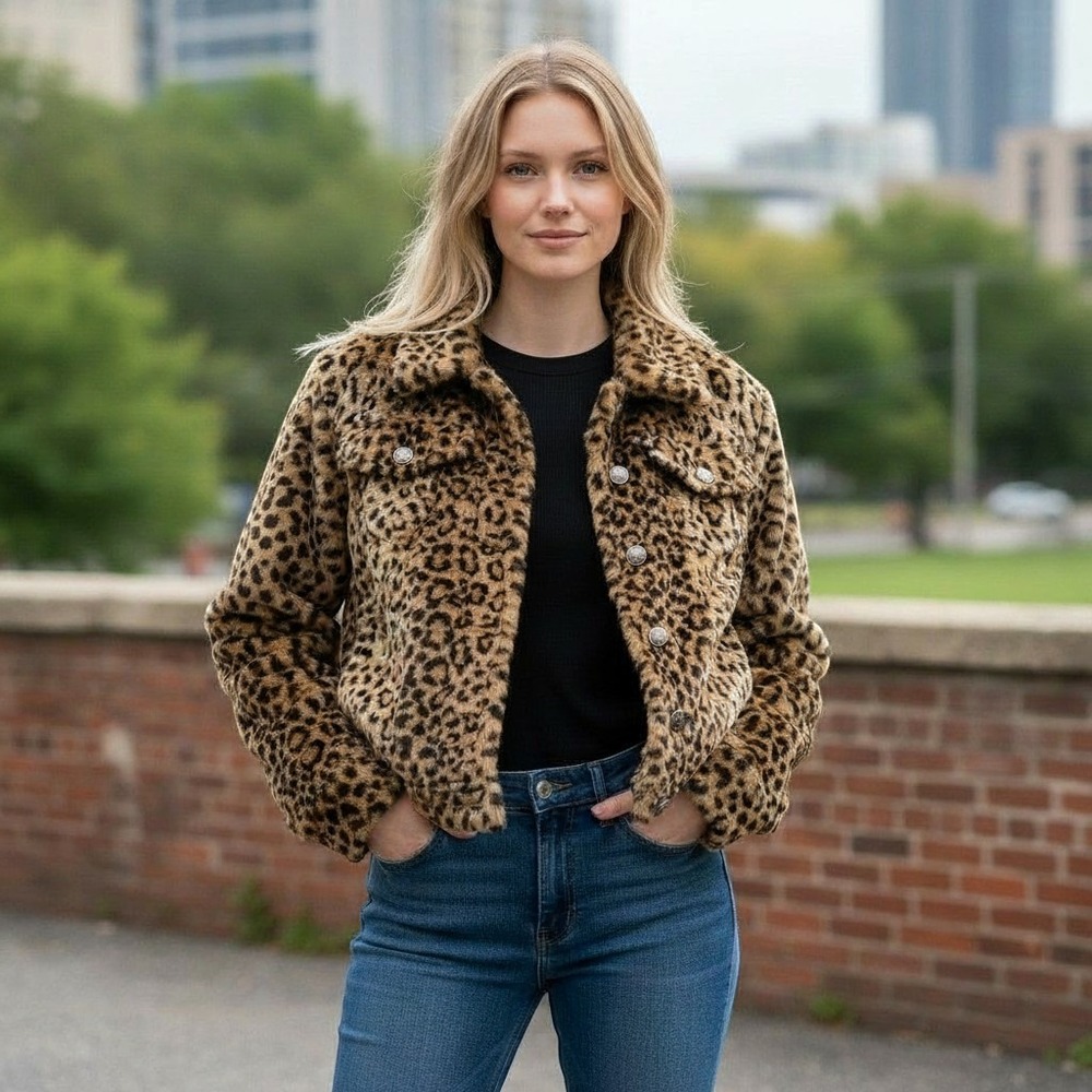 XOXO Jeans Womens Medium‎ Leopard Print Faux Fur Jacket Cropped Button Front Y2K